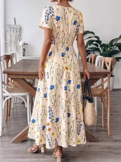 Vacation Sundress Maxi Square Neck Short Sleeves Floral Print Flowy Dress