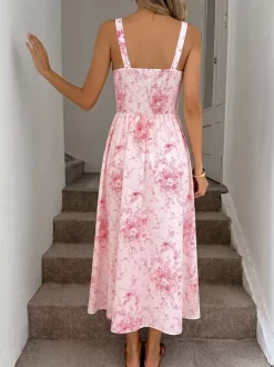 Vacation Sundress Pink Tiny Floral Print Spaghetti Strap Casual Flowy Midi Dress