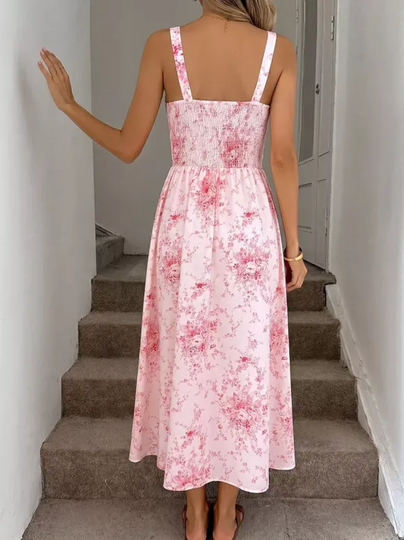 Vacation Sundress Pink Tiny Floral Print Spaghetti Strap Casual Flowy Midi Dress