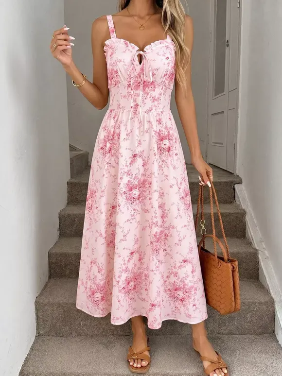 Vacation Sundress Pink Tiny Floral Print Spaghetti Strap Casual Flowy Midi Dress