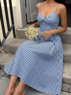 Vacation Sundress Spaghetti Strap Midi Blue White Cami Twist Bust Elastic Back Flowy Dress
