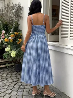 Vacation Sundress Spaghetti Strap Midi Blue White Cami Twist Bust Elastic Back Flowy Dress