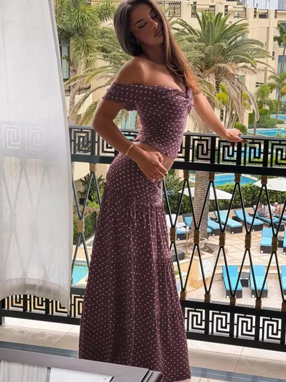 Vacation Two-Piece Set Maxi Flower Ruffled Short Sleeves Off-Shoulder Crop Top Maxi Skirt Sets