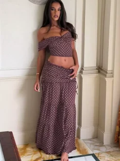 Vacation Two-Piece Set Maxi Flower Ruffled Short Sleeves Off-Shoulder Crop Top Maxi Skirt Sets