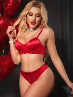 Valentine's Day 2-Piece Lingerie Lace Red Shiny Satin Bra Panty Sets