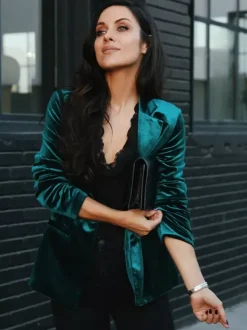 Velour Blazer Jacket For Women Green Burgundy Solid Color Casual Slim Fit Spring Fall Street Outerwear