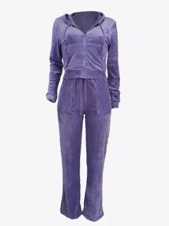 Velour Tracksuit Set Zip-up Hoodie And Pants For Women 2026
