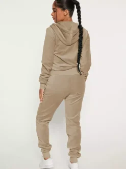 Velour Zip Up Slim Fit Hoodie Jogger Set For Women 2026