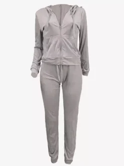 Velour Zip Up Slim Fit Hoodie Jogger Set For Women 2026