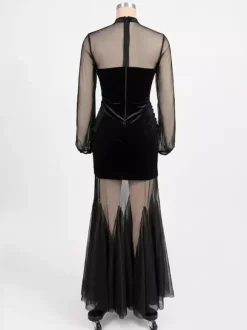 Velvet Corset Maxi Dress For Women - Black Sheer Mesh Long Sleeve Bodycon Mermaid Gown - Spring Formal Party 2026