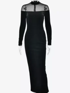 Velvet Mesh Patchwork High Neck Long Sleeve Bodycon Maxi Dress For Women 2026