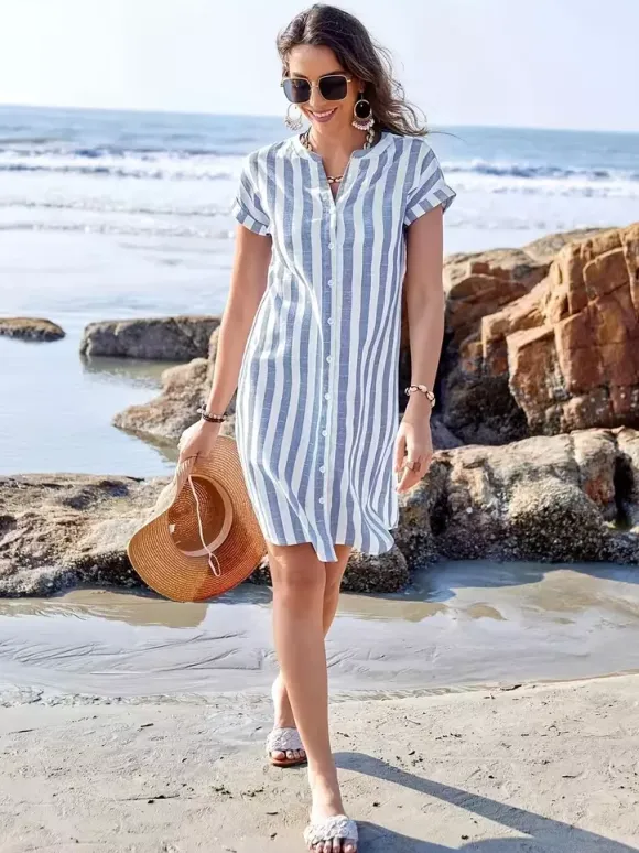 Vertical Striped Women's Shirt Dress - Short Sleeve Button Down Midi Dress - Summer Beach Vacation 2026