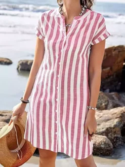 Vertical Striped Women's Shirt Dress - Short Sleeve Button Down Midi Dress - Summer Beach Vacation 2026