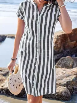 Vertical Striped Women's Shirt Dress - Short Sleeve Button Down Midi Dress - Summer Beach Vacation 2026