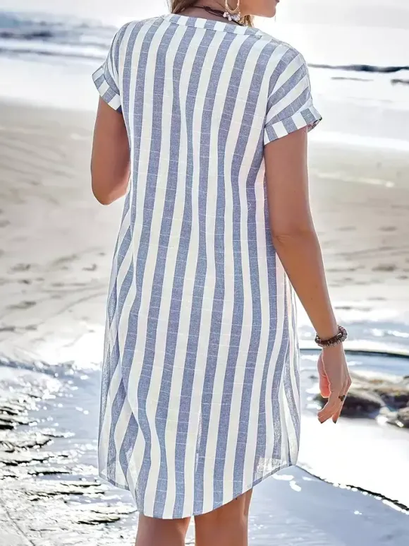 Vertical Striped Women's Shirt Dress - Short Sleeve Button Down Midi Dress - Summer Beach Vacation 2026