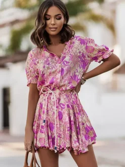 Vibrant Floral Shirt Dress for Women - Puff Sleeve Belted Mini Skater Dress - Summer Casual Vacation 2026