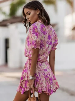 Vibrant Floral Shirt Dress for Women - Puff Sleeve Belted Mini Skater Dress - Summer Casual Vacation 2026