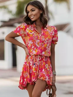 Vibrant Floral Shirt Dress for Women - Puff Sleeve Belted Mini Skater Dress - Summer Casual Vacation 2026