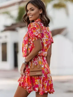 Vibrant Floral Shirt Dress for Women - Puff Sleeve Belted Mini Skater Dress - Summer Casual Vacation 2026
