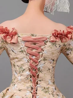 Vicotian Dress Pleated Marie Antoinette Floral Print Dress Women's Art Vintage Costumes