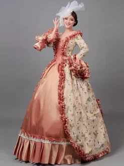 Vicotian Dress Pleated Marie Antoinette Floral Print Dress Women's Art Vintage Costumes