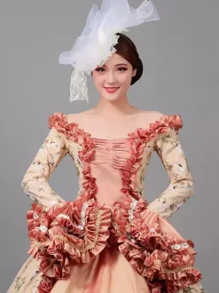 Vicotian Dress Pleated Marie Antoinette Floral Print Dress Women's Art Vintage Costumes