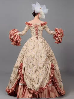 Vicotian Dress Pleated Marie Antoinette Floral Print Dress Women's Art Vintage Costumes