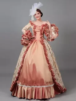 Vicotian Dress Pleated Marie Antoinette Floral Print Dress Women's Art Vintage Costumes