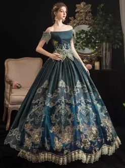 Victorian Dark Navy Short Sleeves Off the Shoulder Baroque Costumes Dress Marie Antoinette Dress