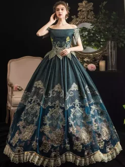 Victorian Dark Navy Short Sleeves Off the Shoulder Baroque Costumes Dress Marie Antoinette Dress