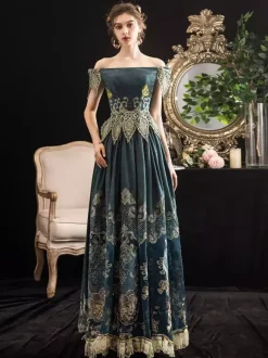 Victorian Dark Navy Short Sleeves Off the Shoulder Baroque Costumes Dress Marie Antoinette Dress