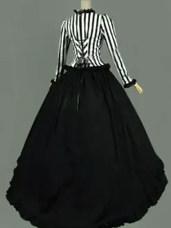 Victorian Retro Tudor Dress Costumes Women's Ruffles Lace Stripe Black Ball Gown Victorian Era Style Clothing Carnival Costumes