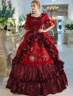 Victorian Dress Costume Red Baroque Red Squared Neckline Printed Flared Half Sleeves Layered Ball Gown Victorian era Clothing Costumes Dress Carnival Burgundy