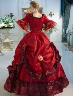 Victorian Dress Costume Red Baroque Red Squared Neckline Printed Flared Half Sleeves Layered Ball Gown Victorian era Clothing Costumes Dress Carnival Burgundy