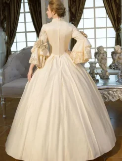 Victorian Dress Costume Retro Costumes Victorian Era Clothing Beige Long Flared Sleeves Ruffle Royal Costumes Dress