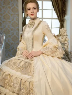 Victorian Dress Costume Retro Costumes Victorian Era Clothing Beige Long Flared Sleeves Ruffle Royal Costumes Dress