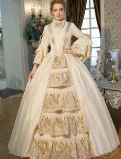 Victorian Dress Costume Retro Costumes Victorian Era Clothing Beige Long Flared Sleeves Ruffle Royal Costumes Dress