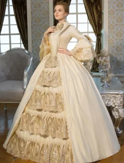 Victorian Dress Costume Retro Costumes Victorian Era Clothing Beige Long Flared Sleeves Ruffle Royal Costumes Dress