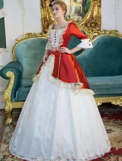 Victorian Dress Costume Red Retro Costume Rococo Lace Squared Neckline Bell Sleeves Button Long Victorian era Clothing Maid Dress Burgundy