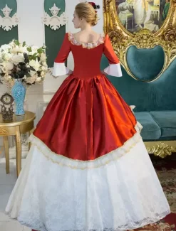 Victorian Dress Costume Red Retro Costume Rococo Lace Squared Neckline Bell Sleeves Button Long Victorian era Clothing Maid Dress Burgundy
