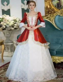 Victorian Dress Costume Red Retro Costume Rococo Lace Squared Neckline Bell Sleeves Button Long Victorian era Clothing Maid Dress Burgundy