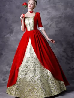 Victorian Dress Costume Women's Red Baroque Masquerade Ball Gowns half Sleeves Square Neckline Victorian Era Clothing Retro Costumes Burgundy