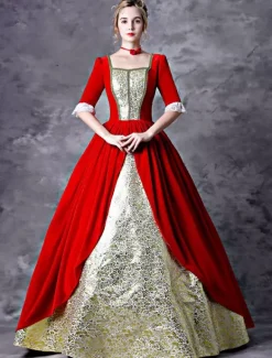 Victorian Dress Costume Women's Red Baroque Masquerade Ball Gowns half Sleeves Square Neckline Victorian Era Clothing Retro Costumes Burgundy
