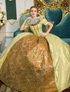 Victorian Dress Costume Women's Gold Retro Costume Baroque Squared Neckline Tunic Ball Gown half Sleeves Victorian era Clothing Retro Costumes Dress