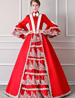 Victorian Dress Costume Women's Red Baroque Masquerade Ball Gowns Trumpet Half Sleeves Victorian Era Clothing Retro Costumes Burgundy