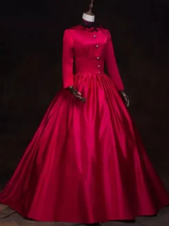 Victorian Dress Costume Women's Red Baroque Masquerade Ball Gowns Long Sleeves Stand Collar with hat Royal Victorian Era Clothing Retro Costume Burgundy