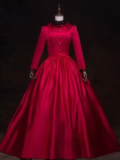 Victorian Dress Costume Women's Red Baroque Masquerade Ball Gowns Long Sleeves Stand Collar with hat Royal Victorian Era Clothing Retro Costume Burgundy