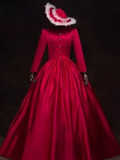 Victorian Dress Costume Women's Red Baroque Masquerade Ball Gowns Long Sleeves Stand Collar with hat Royal Victorian Era Clothing Retro Costume Burgundy
