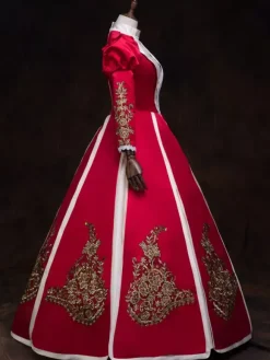 Victorian Dress Costume Women's Red Stand Collar Bubble Long sleeves Baroque Masquerade Ball Gowns Victorian Era Clothing Retro Costumes Burgundy