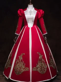 Victorian Dress Costume Women's Red Stand Collar Bubble Long sleeves Baroque Masquerade Ball Gowns Victorian Era Clothing Retro Costumes Burgundy
